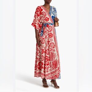 FARM Rio Red and Blue Floral Midi Dress